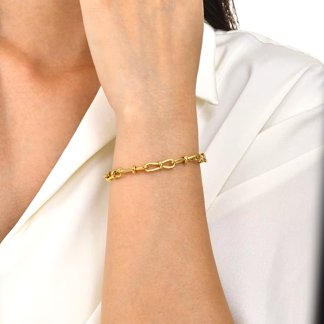 New Stainless Steel Golden Bracelet – 14K Plated Charm with Metal Texture, Geometric Design for Women