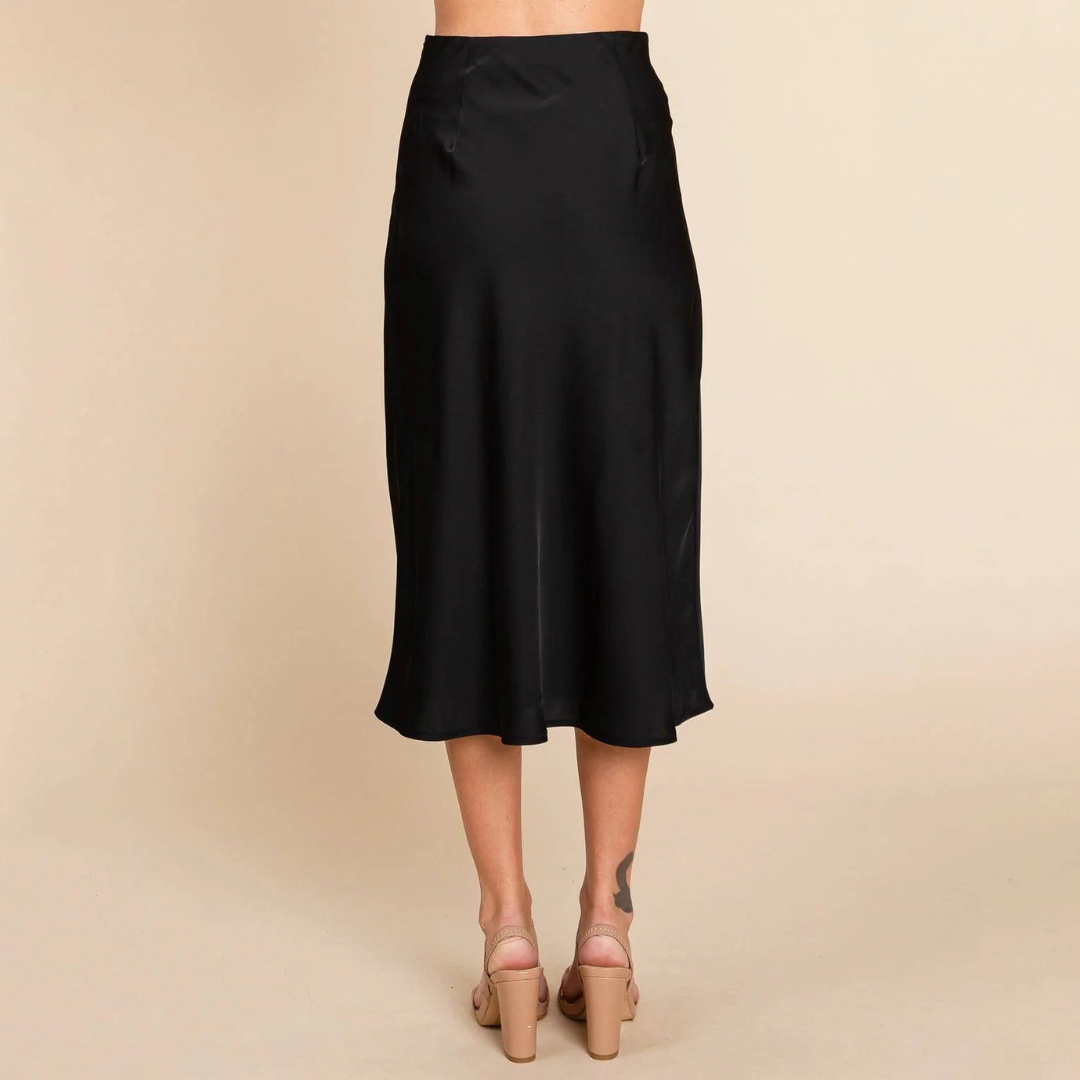 Women&#39;s Flowing Satin Midi Skirt: Vintage High-Waist Flared Hem Design