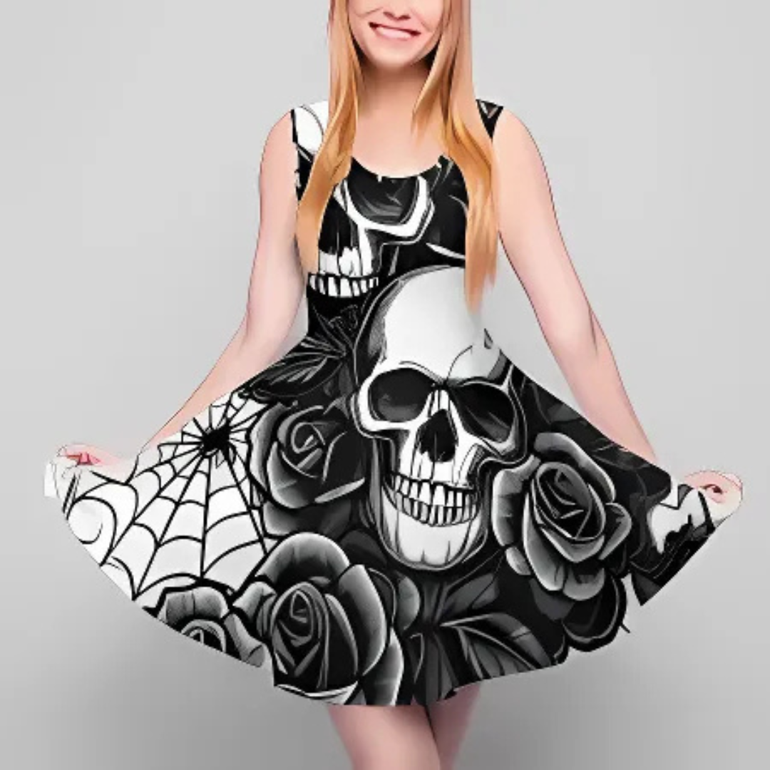 Women&#39;s Skeleton Rose Print Halloween Dress: Gothic Rockabilly Party Costume