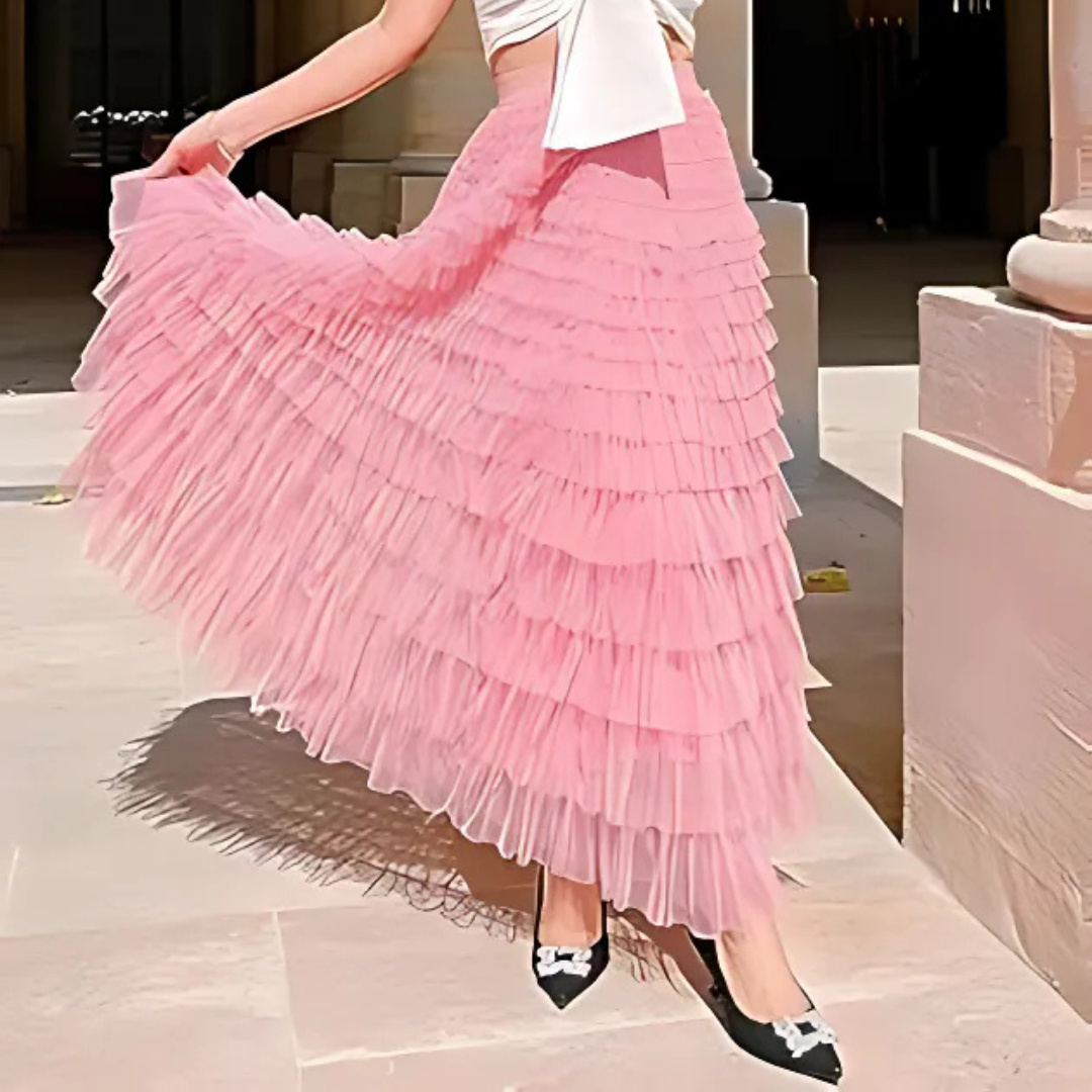 Women&#39;s Tutu Tulle Maxi Skirt: Cute High-Waist Pleated Fashion in Pink for 2024