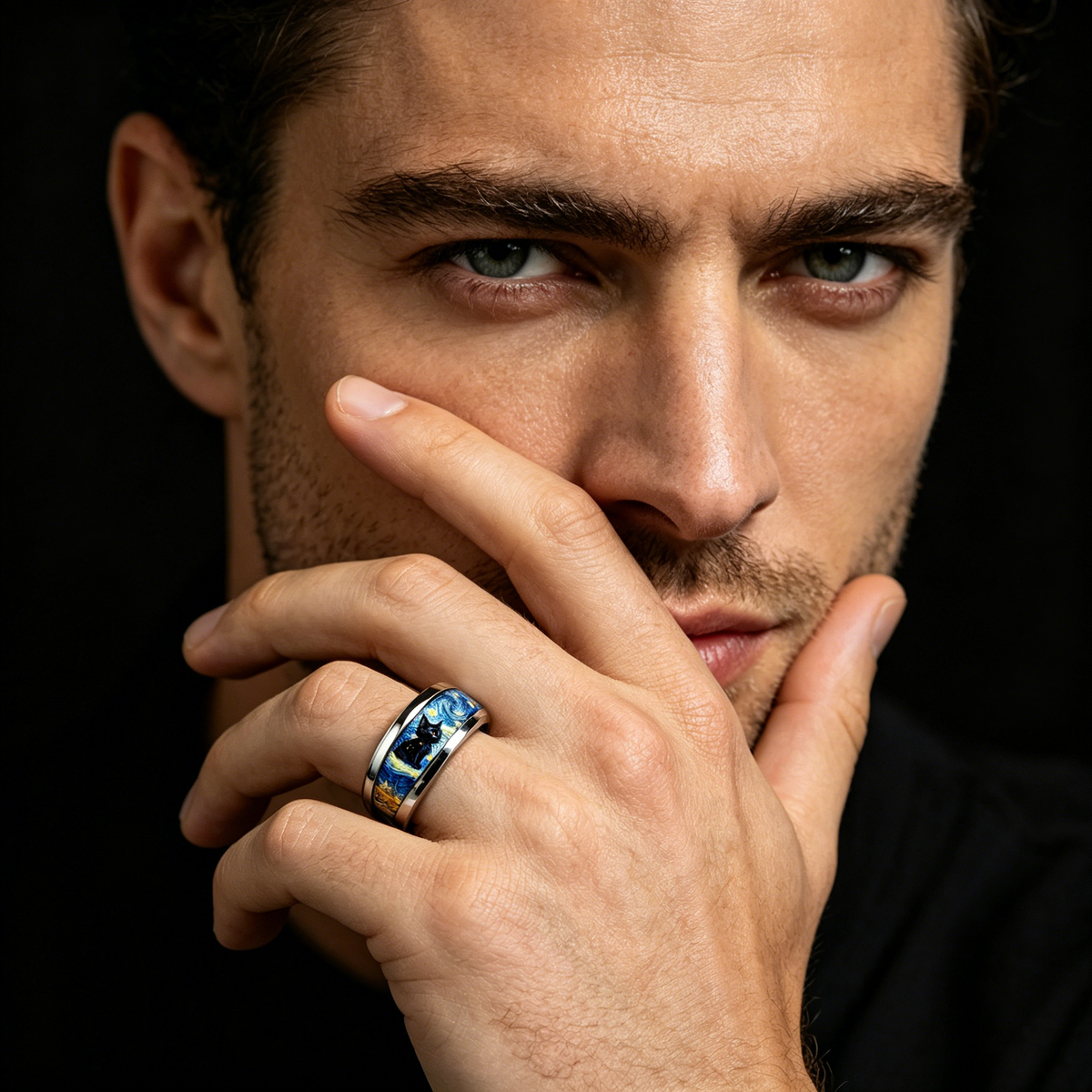 Vintage Cat Moon and Stars Art Ring, Classic Oil Painting Style Stainless Steel Ring for Women and Men Fashion Jewelry Gift
