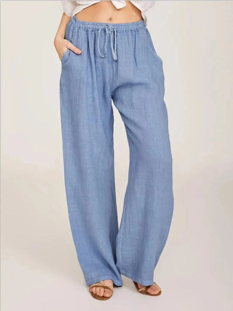 Women&#39;s High-Waist Cotton Linen Pants: Breathable Wide-Leg Trousers for Summer &amp; Autumn