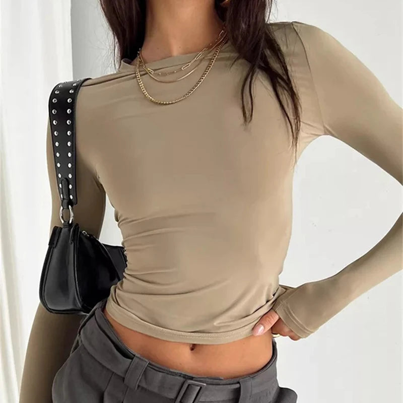 Women&#39;s Long Sleeve Slim Fit T-Shirt: Casual Solid Crop Top for Spring &amp; Autumn Y2K Streetwear