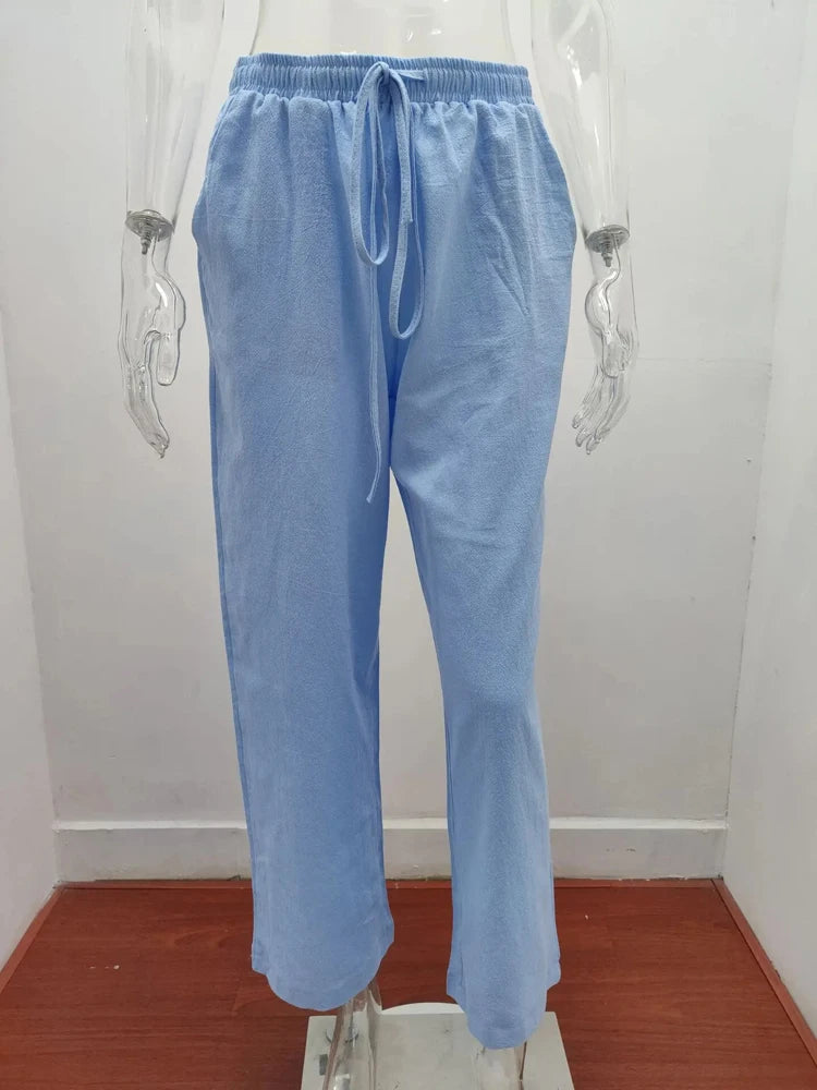 Women&#39;s High-Waist Cotton Linen Pants: Breathable Wide-Leg Trousers for Summer &amp; Autumn