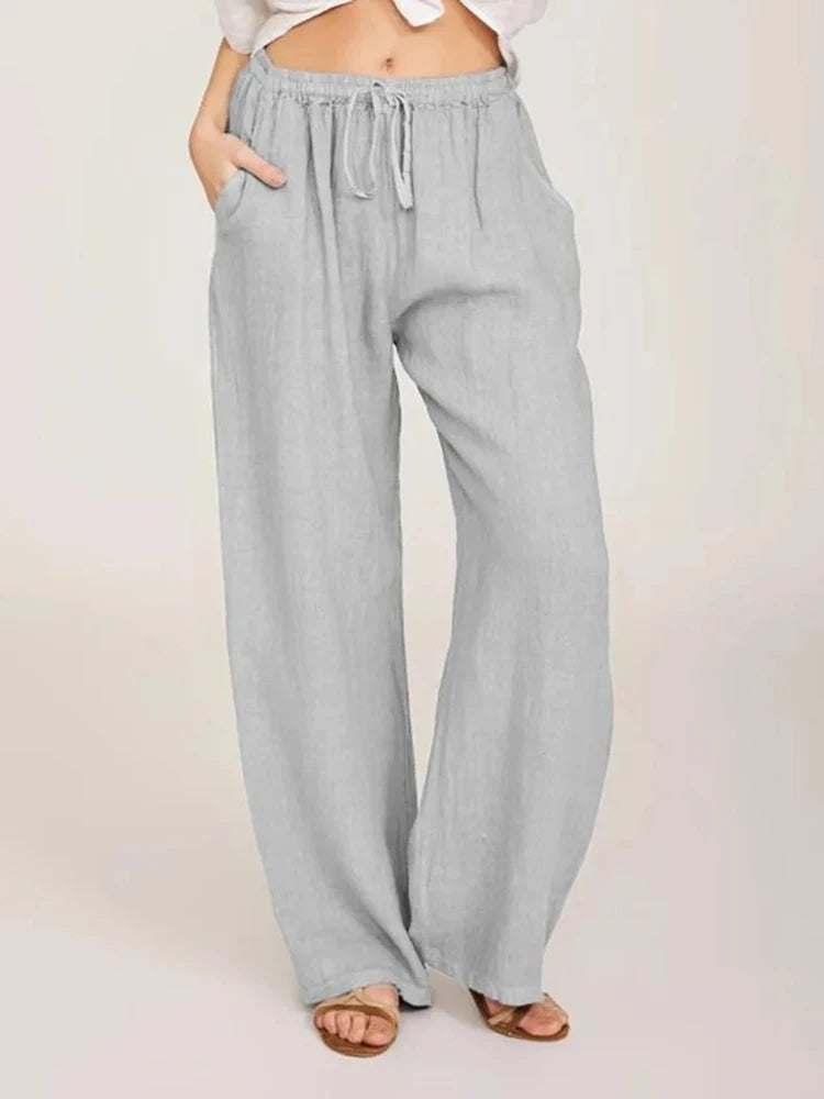 Women&#39;s High-Waist Cotton Linen Pants: Breathable Wide-Leg Trousers for Summer &amp; Autumn