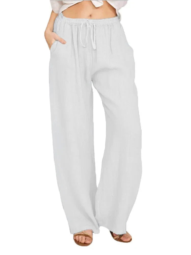 Women&#39;s High-Waist Cotton Linen Pants: Breathable Wide-Leg Trousers for Summer &amp; Autumn