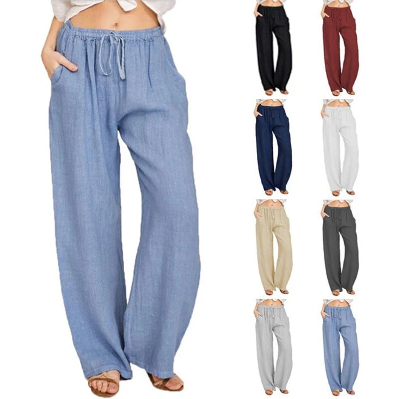 Women&#39;s High-Waist Cotton Linen Pants: Breathable Wide-Leg Trousers for Summer &amp; Autumn