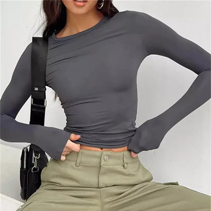 Women&#39;s Long Sleeve Slim Fit T-Shirt: Casual Solid Crop Top for Spring &amp; Autumn Y2K Streetwear