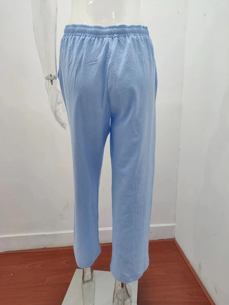 Women&#39;s High-Waist Cotton Linen Pants: Breathable Wide-Leg Trousers for Summer &amp; Autumn