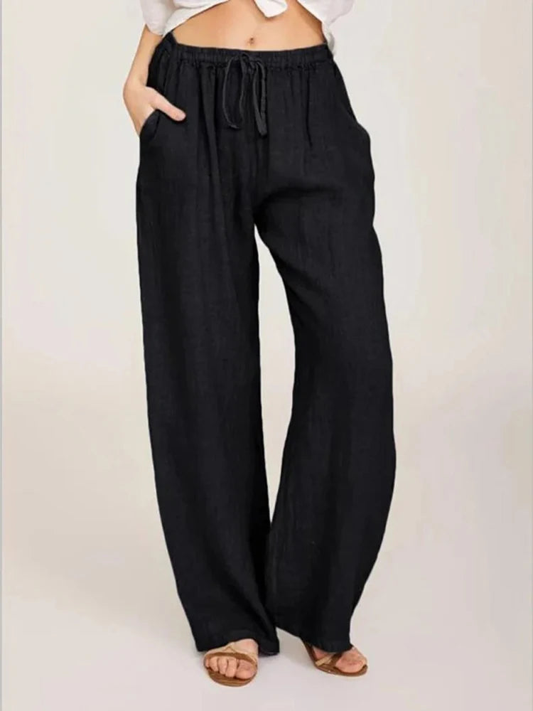 Women&#39;s High-Waist Cotton Linen Pants: Breathable Wide-Leg Trousers for Summer &amp; Autumn