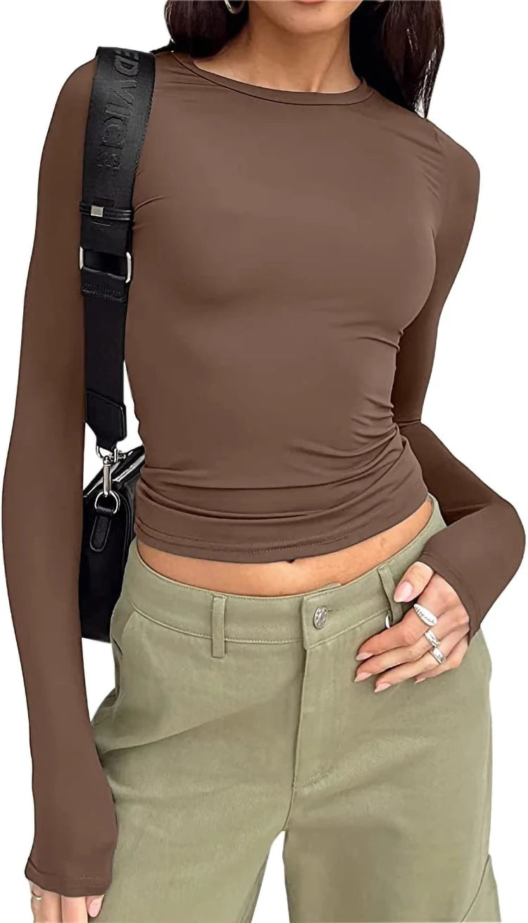 Women&#39;s Long Sleeve Slim Fit T-Shirt: Casual Solid Crop Top for Spring &amp; Autumn Y2K Streetwear