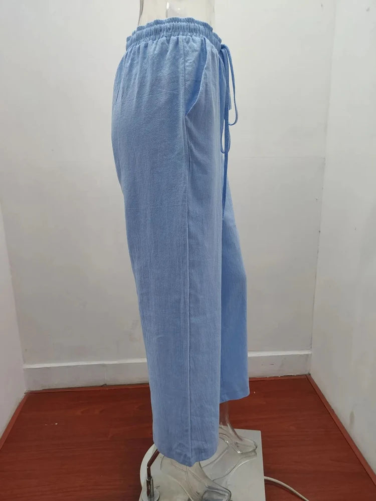 Women&#39;s High-Waist Cotton Linen Pants: Breathable Wide-Leg Trousers for Summer &amp; Autumn