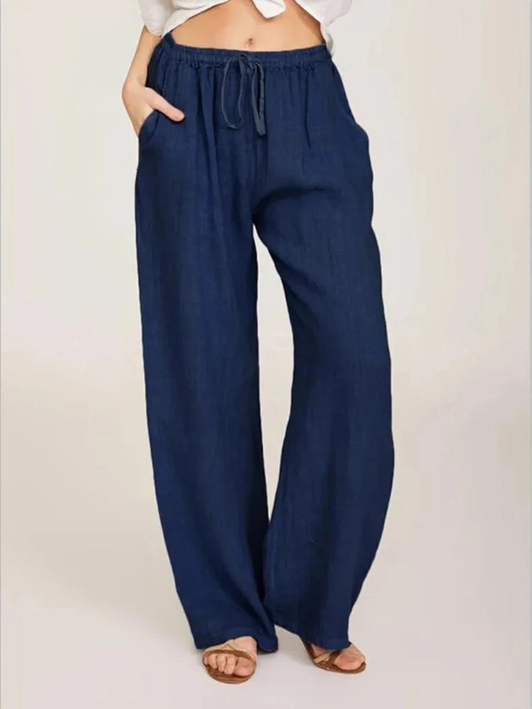 Women&#39;s High-Waist Cotton Linen Pants: Breathable Wide-Leg Trousers for Summer &amp; Autumn