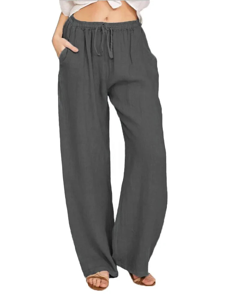 Women&#39;s High-Waist Cotton Linen Pants: Breathable Wide-Leg Trousers for Summer &amp; Autumn