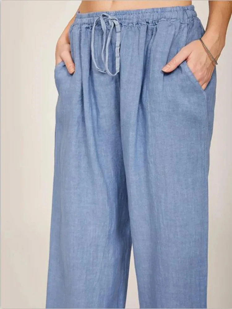 Women&#39;s High-Waist Cotton Linen Pants: Breathable Wide-Leg Trousers for Summer &amp; Autumn