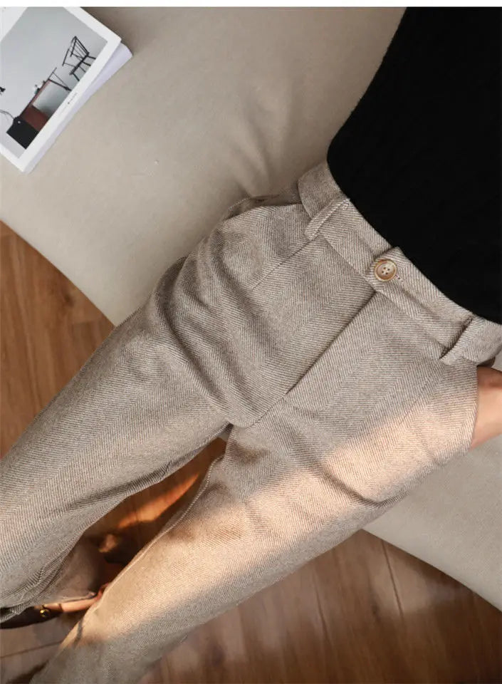 Women&#39;s High-Waisted Woolen Harem Pants: Casual Office Trousers for Autumn/Winter 2024