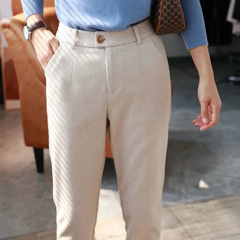 Women&#39;s High-Waisted Woolen Harem Pants: Casual Office Trousers for Autumn/Winter 2024