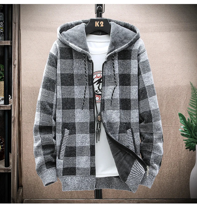 Men&#39;s New Winter Plaid Sweater Hooded Cardigan Cold Coat Wool Zipper Jacket Autumn Fleece Warm Clothes Checkered Knit Jumper