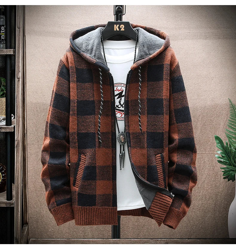 Men&#39;s New Winter Plaid Sweater Hooded Cardigan Cold Coat Wool Zipper Jacket Autumn Fleece Warm Clothes Checkered Knit Jumper