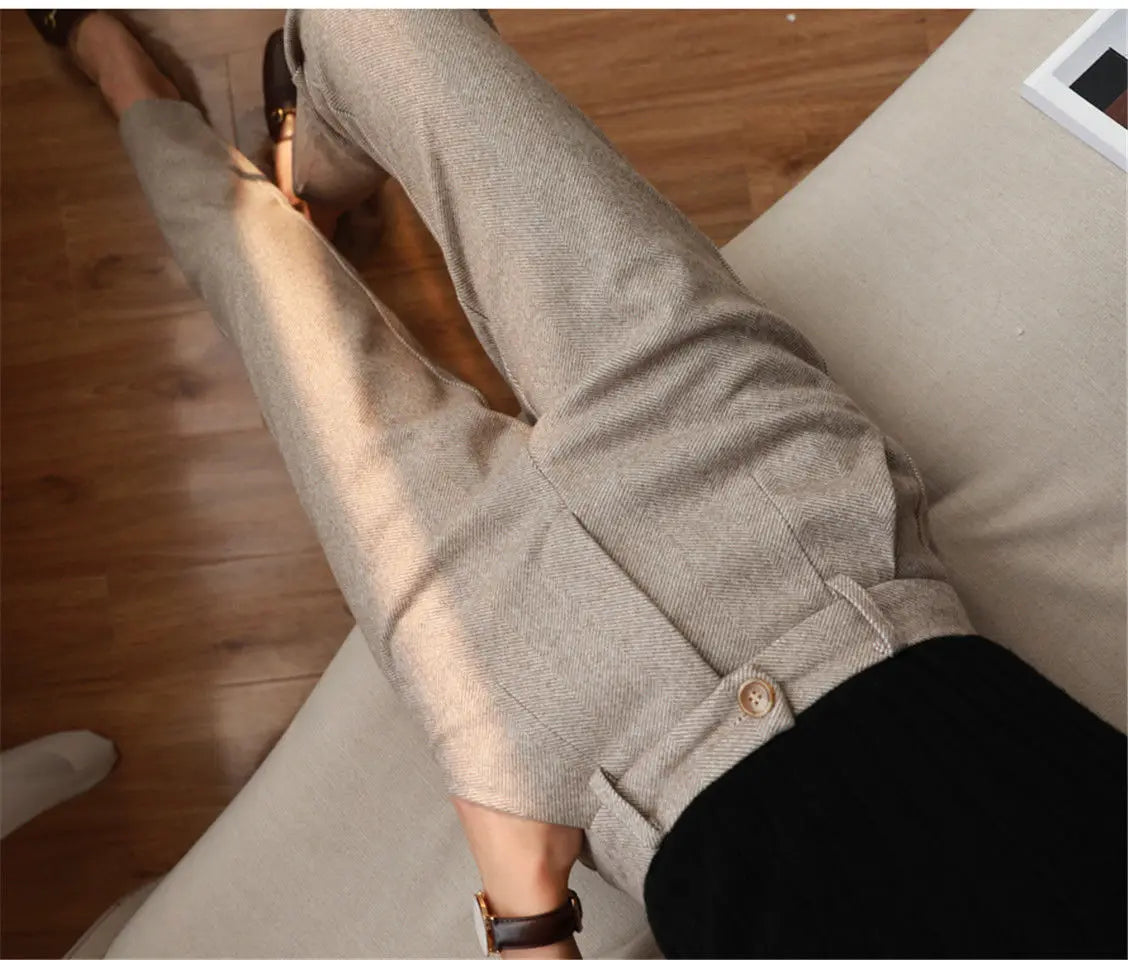 Women&#39;s High-Waisted Woolen Harem Pants: Casual Office Trousers for Autumn/Winter 2024