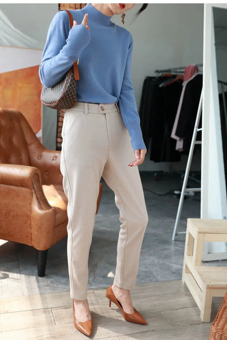 Women&#39;s High-Waisted Woolen Harem Pants: Casual Office Trousers for Autumn/Winter 2024