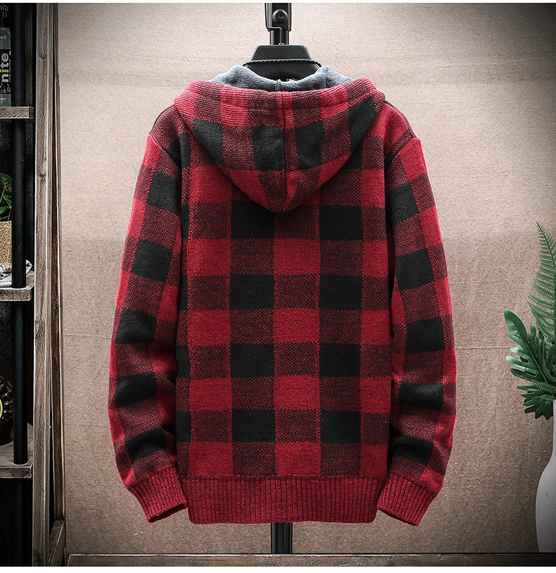 Men&#39;s New Winter Plaid Sweater Hooded Cardigan Cold Coat Wool Zipper Jacket Autumn Fleece Warm Clothes Checkered Knit Jumper