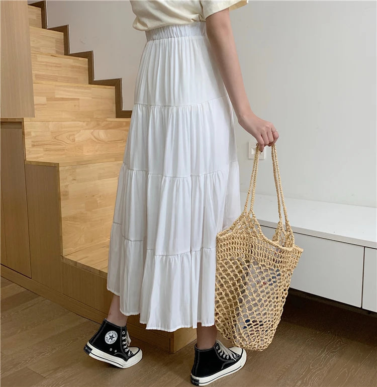 Spring Summer Women&#39;s Chiffon A-Line Skirt: Vintage High-Waist Elastic Patchwork in Black &amp; White