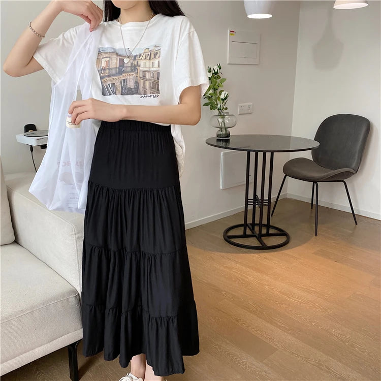 Spring Summer Women&#39;s Chiffon A-Line Skirt: Vintage High-Waist Elastic Patchwork in Black &amp; White