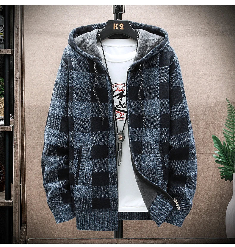 Men&#39;s New Winter Plaid Sweater Hooded Cardigan Cold Coat Wool Zipper Jacket Autumn Fleece Warm Clothes Checkered Knit Jumper