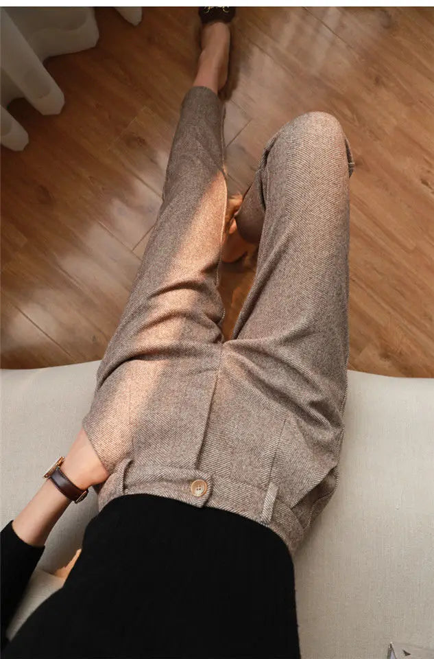 Women&#39;s High-Waisted Woolen Harem Pants: Casual Office Trousers for Autumn/Winter 2024