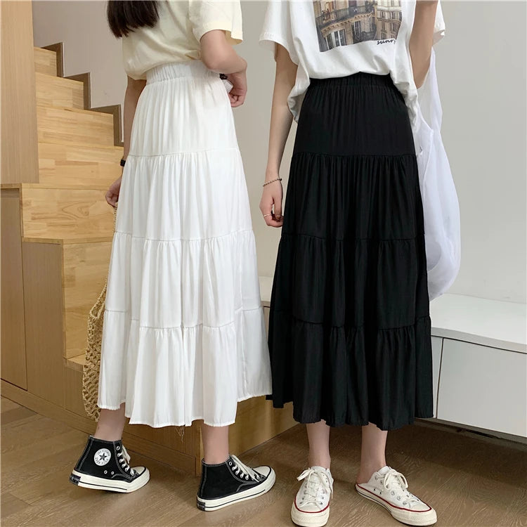 Spring Summer Women&#39;s Chiffon A-Line Skirt: Vintage High-Waist Elastic Patchwork in Black &amp; White