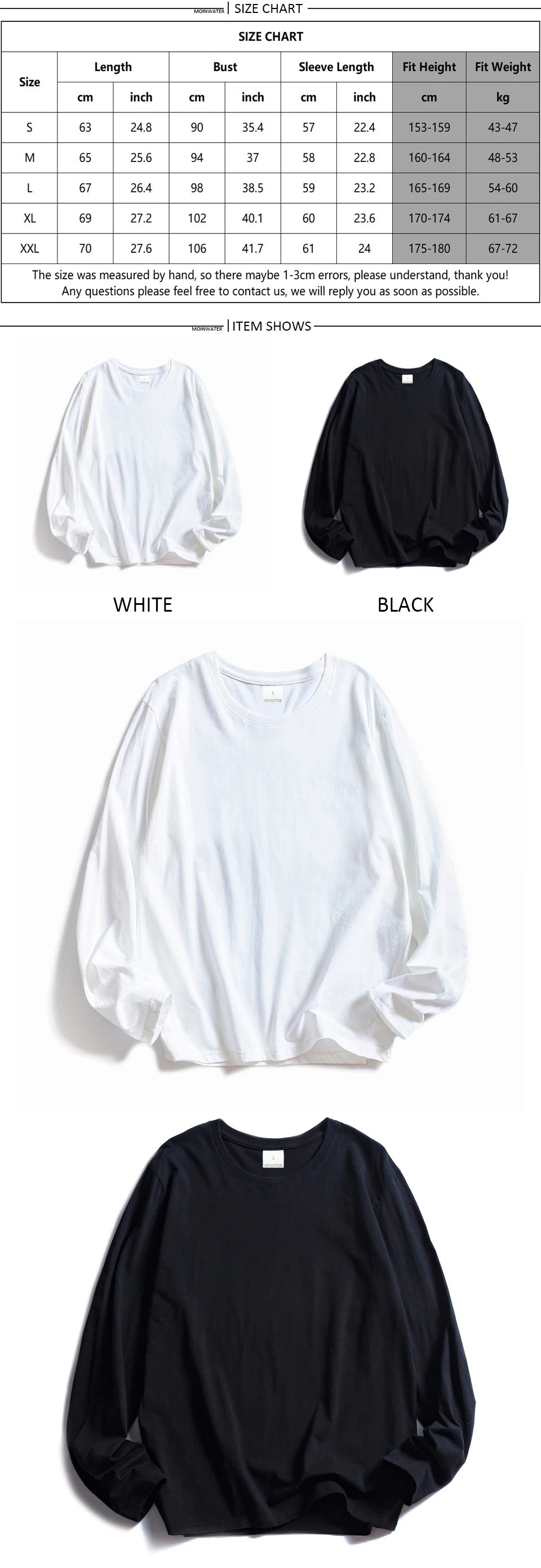 Women&#39;s O-Neck Long Sleeve T-Shirts: Soft Cotton Casual Tees in White &amp; Black