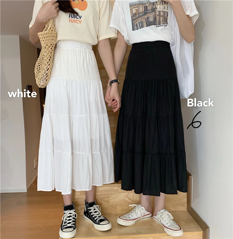 Spring Summer Women&#39;s Chiffon A-Line Skirt: Vintage High-Waist Elastic Patchwork in Black &amp; White