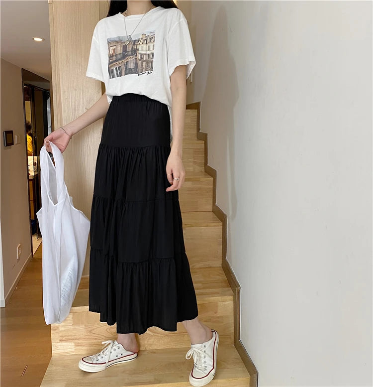 Spring Summer Women&#39;s Chiffon A-Line Skirt: Vintage High-Waist Elastic Patchwork in Black &amp; White