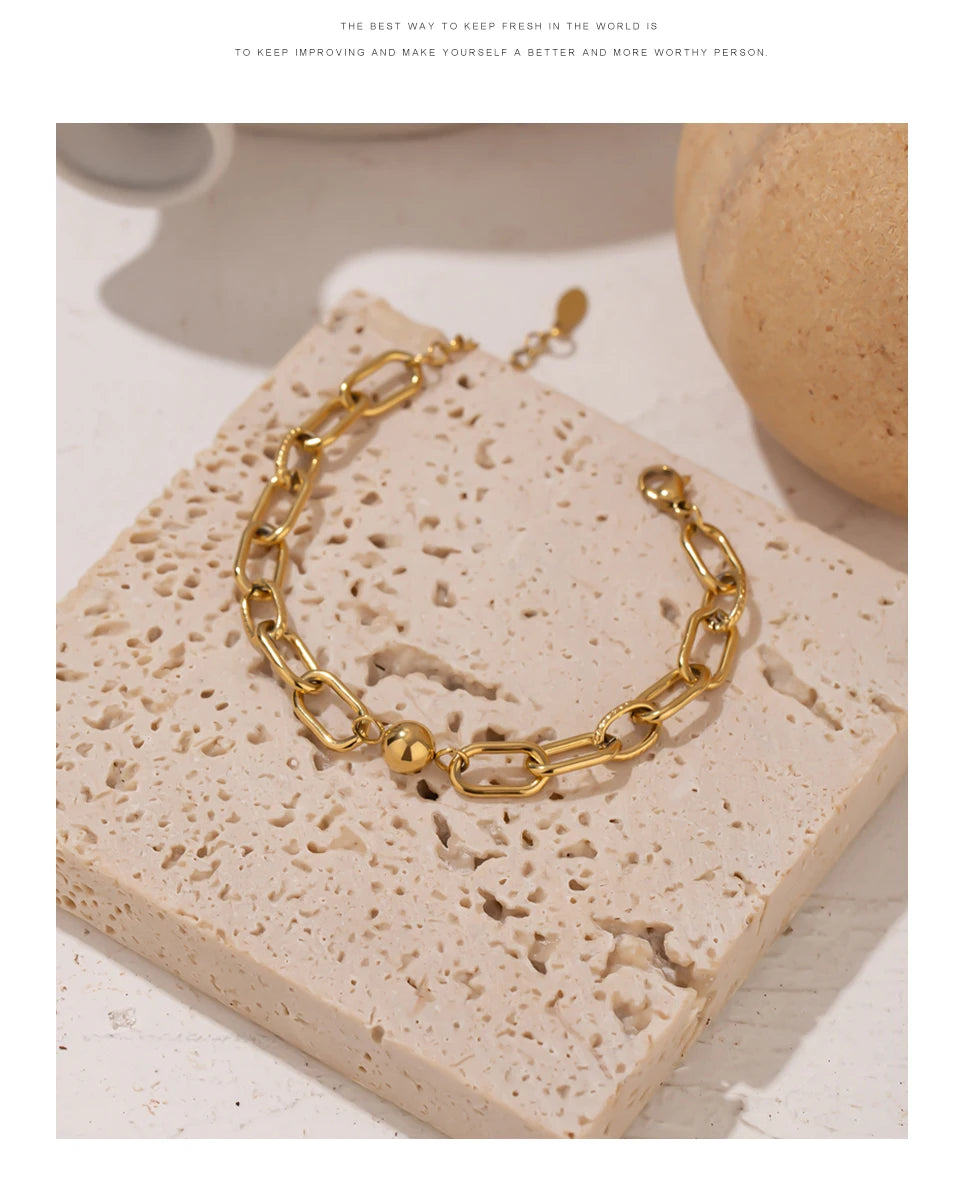 New Stainless Steel Golden Bracelet – 14K Plated Charm with Metal Texture, Geometric Design for Women