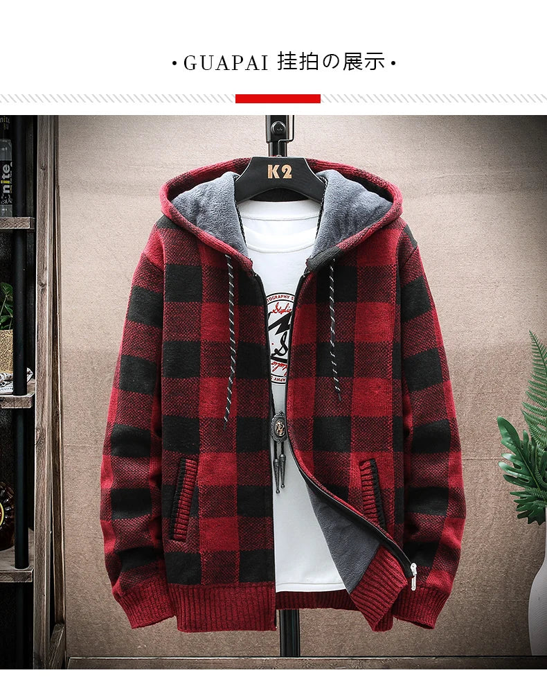 Men&#39;s New Winter Plaid Sweater Hooded Cardigan Cold Coat Wool Zipper Jacket Autumn Fleece Warm Clothes Checkered Knit Jumper