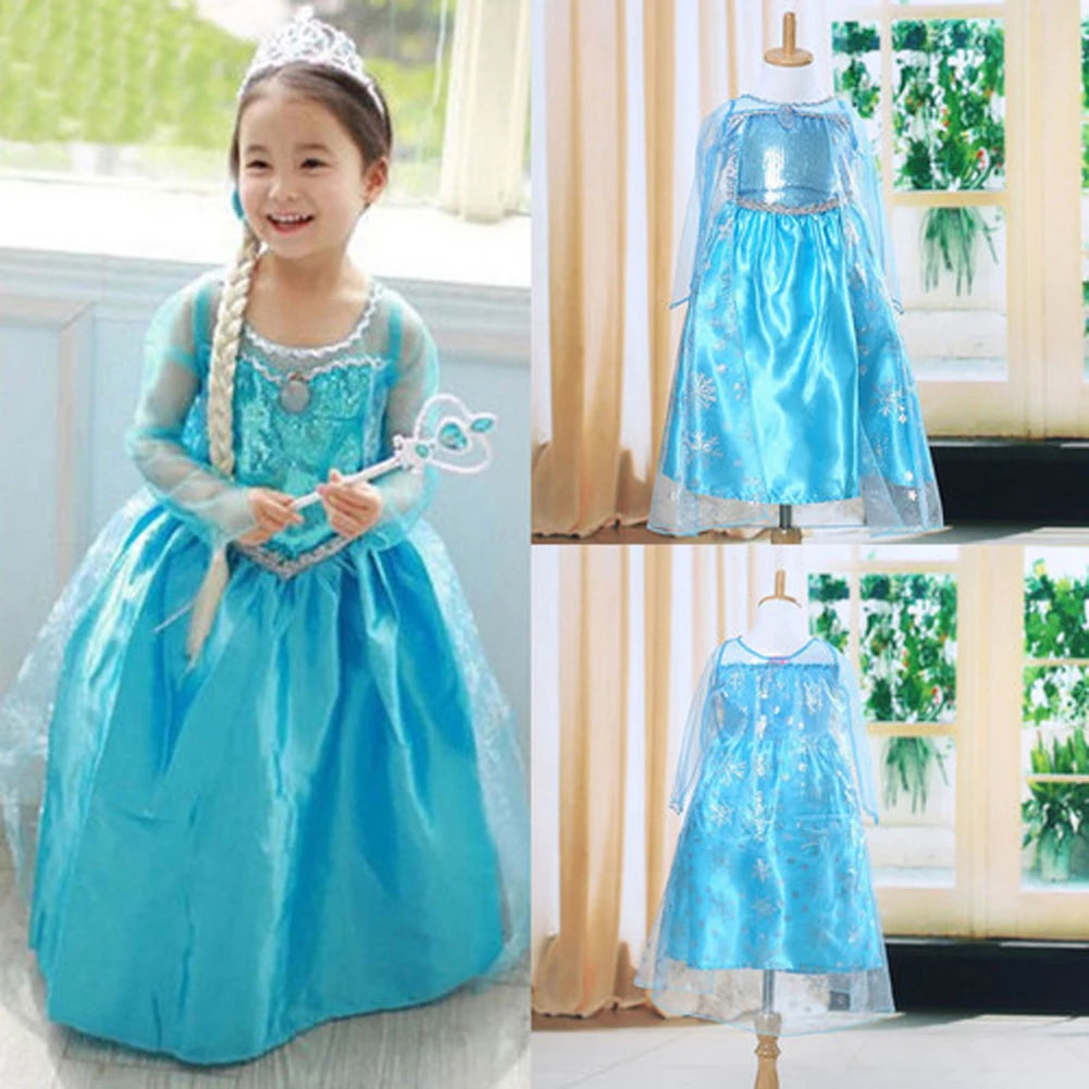 Kids Baby Girl Blue Fancy Dress – Frozen Anna Elsa Cosplay Costume, Princess Queen Tulle Gown for Ages 4-8 Years