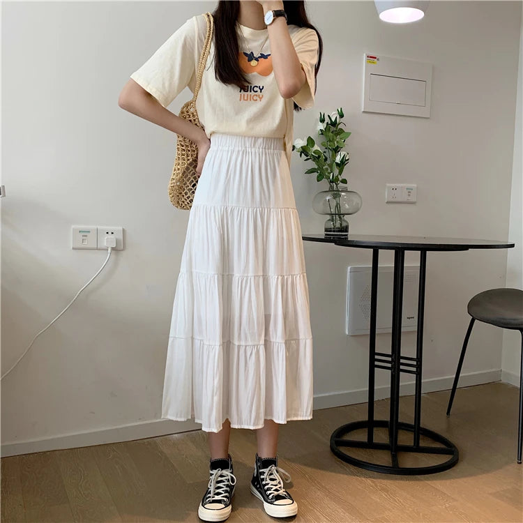 Spring Summer Women&#39;s Chiffon A-Line Skirt: Vintage High-Waist Elastic Patchwork in Black &amp; White