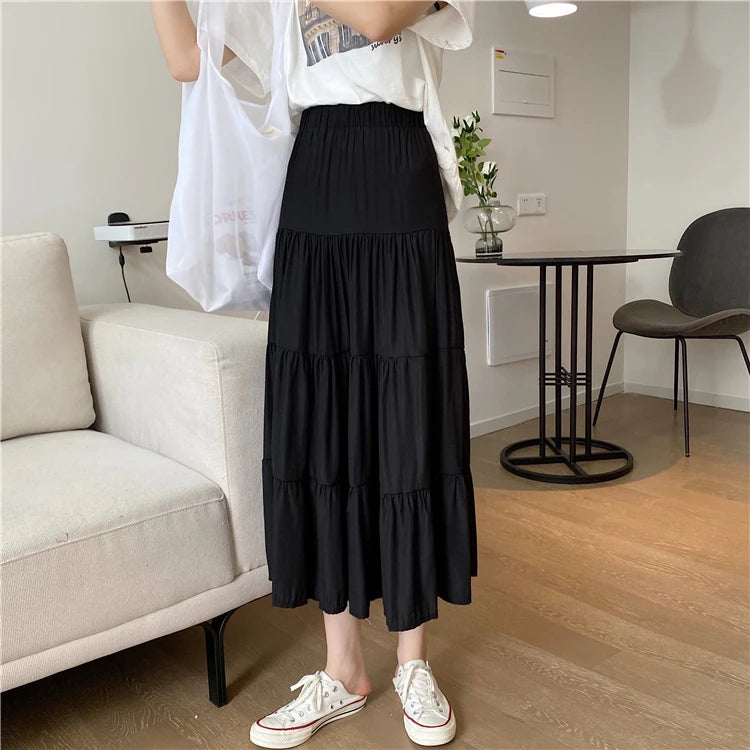 Spring Summer Women&#39;s Chiffon A-Line Skirt: Vintage High-Waist Elastic Patchwork in Black &amp; White