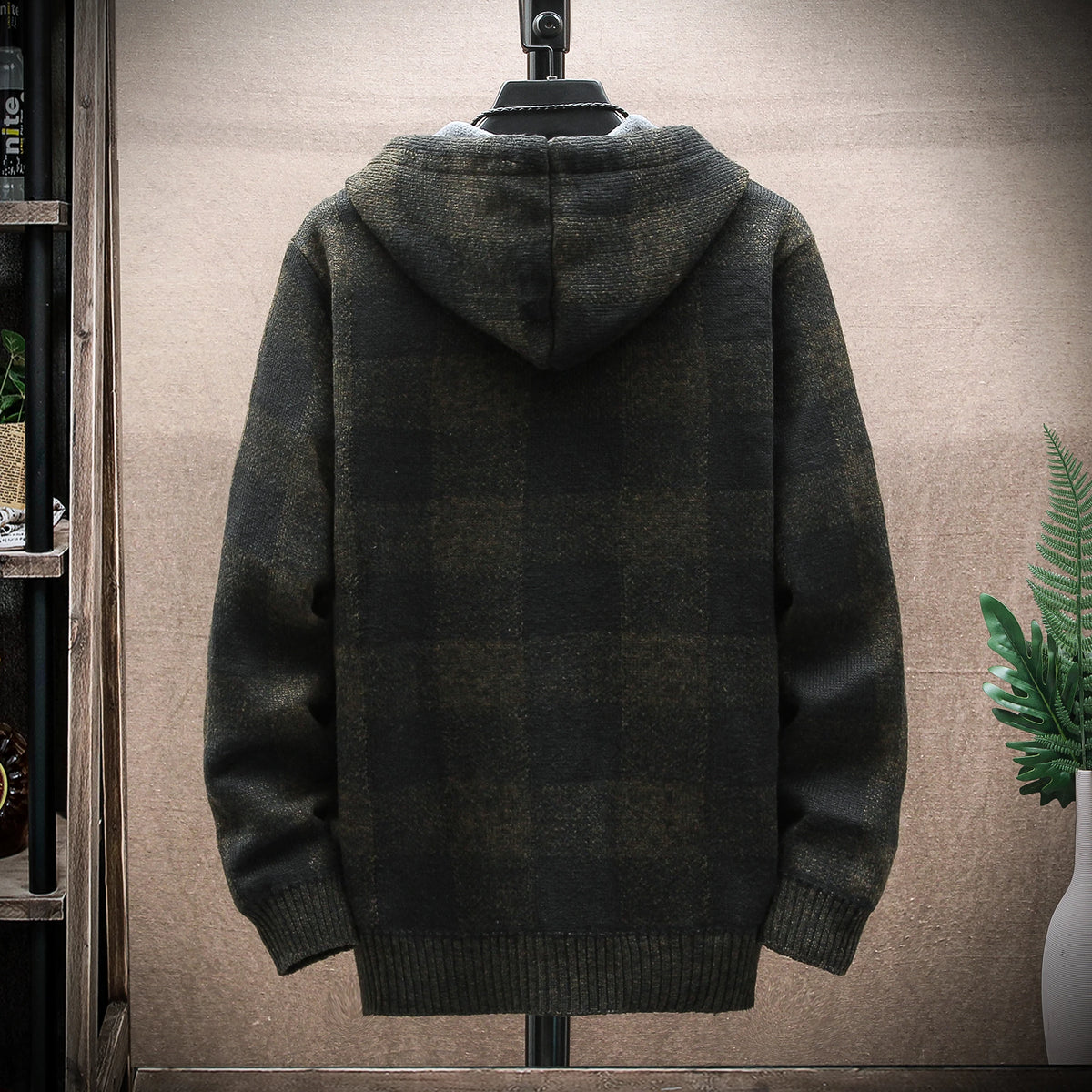 Men&#39;s New Winter Plaid Sweater Hooded Cardigan Cold Coat Wool Zipper Jacket Autumn Fleece Warm Clothes Checkered Knit Jumper