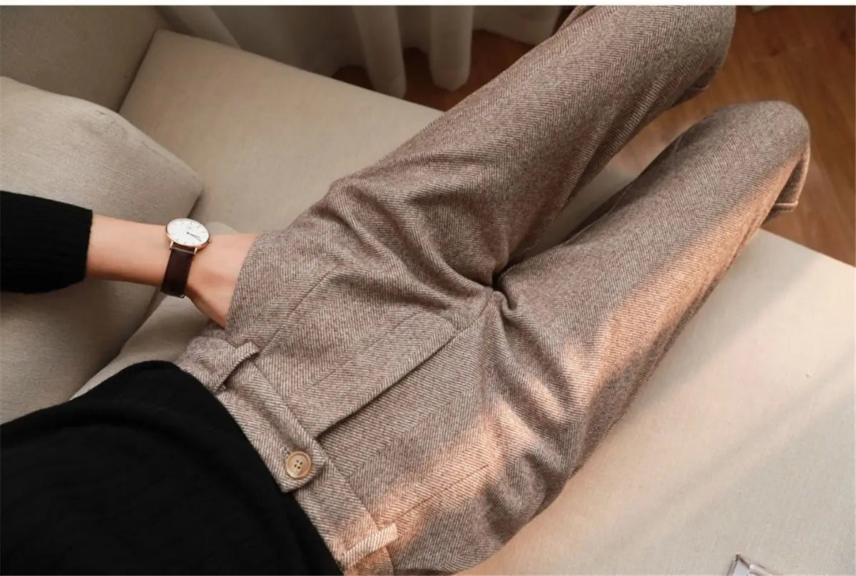 Women&#39;s High-Waisted Woolen Harem Pants: Casual Office Trousers for Autumn/Winter 2024