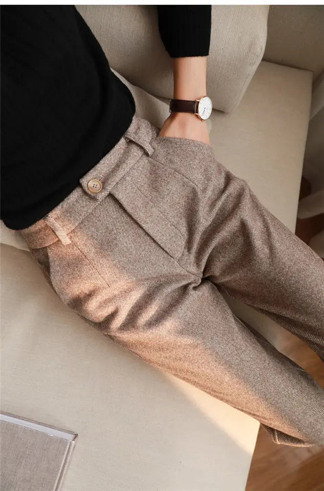 Women&#39;s High-Waisted Woolen Harem Pants: Casual Office Trousers for Autumn/Winter 2024