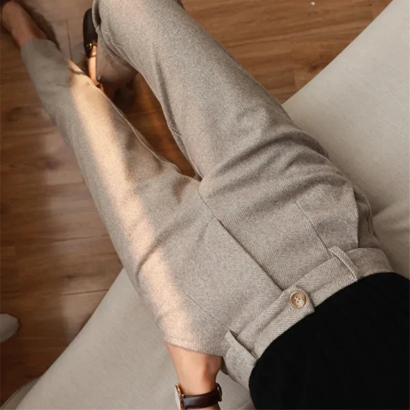 Women&#39;s High-Waisted Woolen Harem Pants: Casual Office Trousers for Autumn/Winter 2024