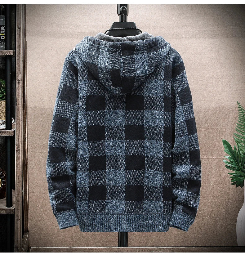 Men&#39;s New Winter Plaid Sweater Hooded Cardigan Cold Coat Wool Zipper Jacket Autumn Fleece Warm Clothes Checkered Knit Jumper