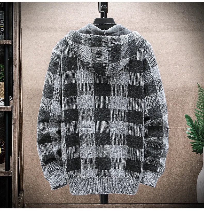 Men&#39;s New Winter Plaid Sweater Hooded Cardigan Cold Coat Wool Zipper Jacket Autumn Fleece Warm Clothes Checkered Knit Jumper