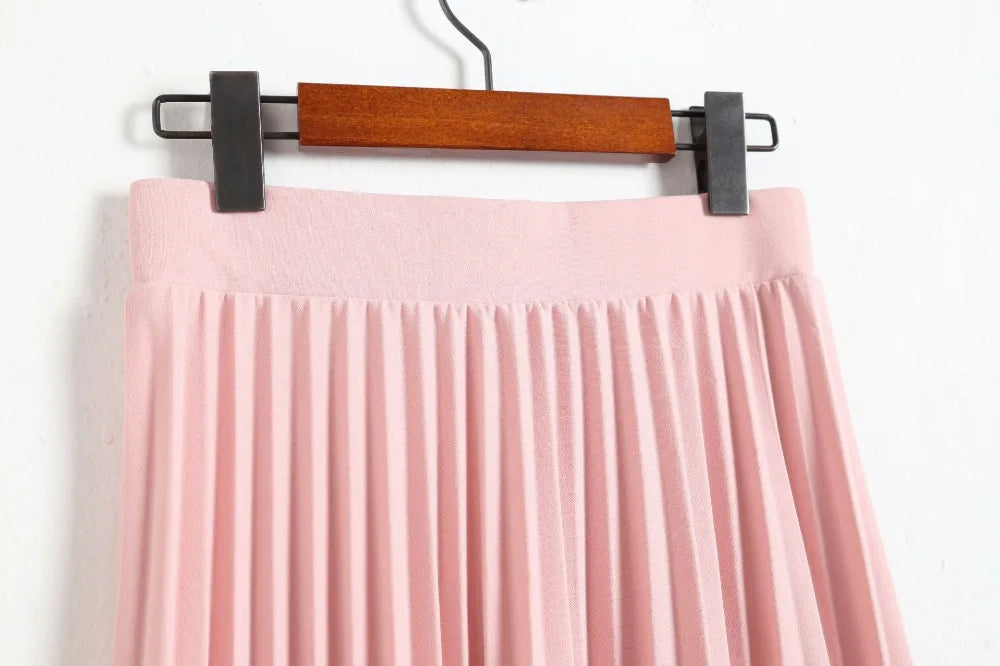 Spring &amp; Autumn Women&#39;s High-Waist Pleated Elastic Skirt: Solid Color Half-Length in Black &amp; Pink