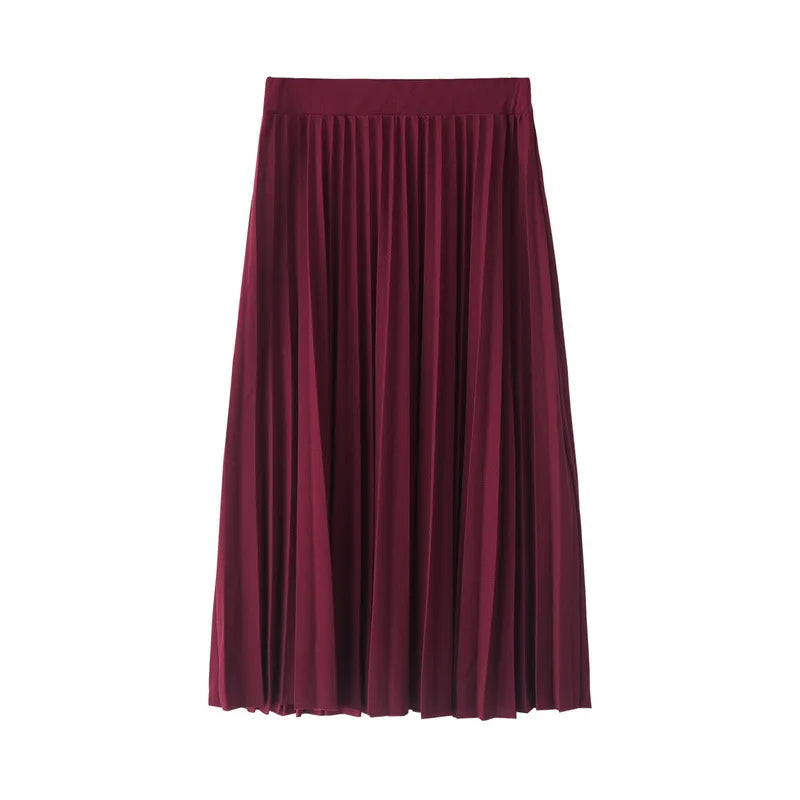 Spring &amp; Autumn Women&#39;s High-Waist Pleated Elastic Skirt: Solid Color Half-Length in Black &amp; Pink