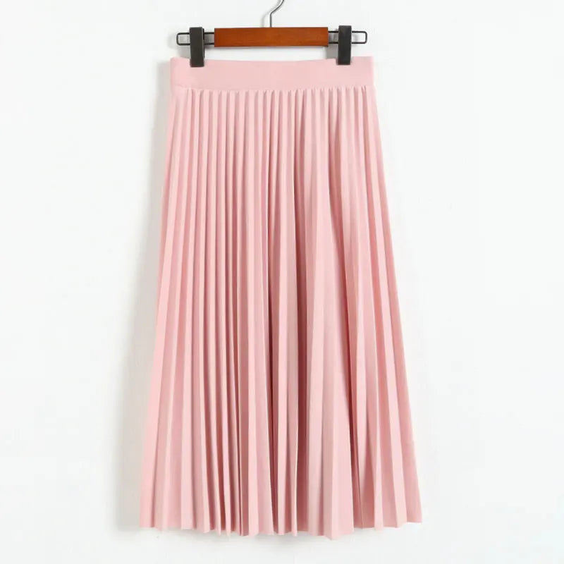 Spring &amp; Autumn Women&#39;s High-Waist Pleated Elastic Skirt: Solid Color Half-Length in Black &amp; Pink