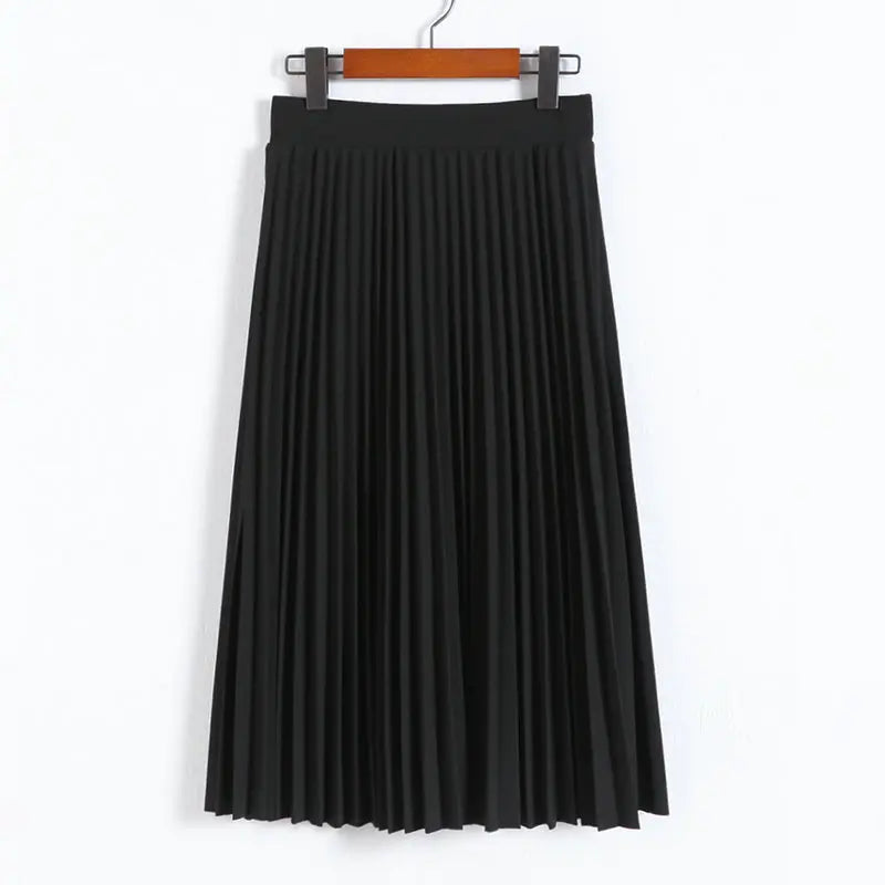 Spring &amp; Autumn Women&#39;s High-Waist Pleated Elastic Skirt: Solid Color Half-Length in Black &amp; Pink