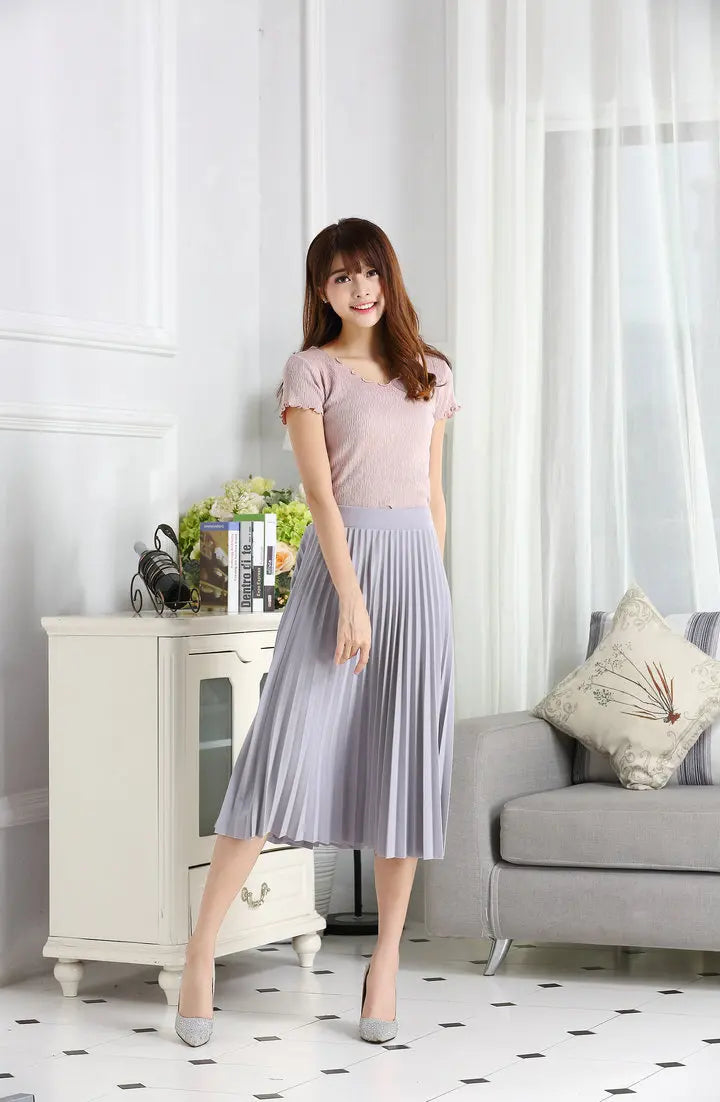 Spring &amp; Autumn Women&#39;s High-Waist Pleated Elastic Skirt: Solid Color Half-Length in Black &amp; Pink